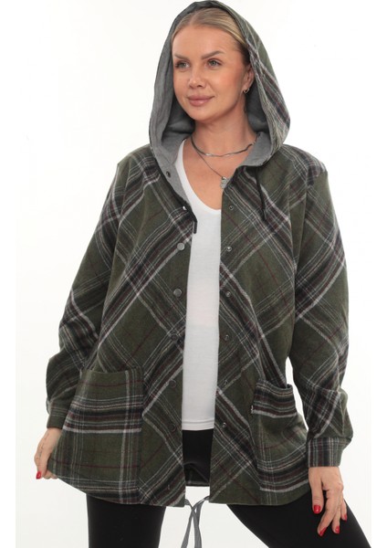 Büyük Beden Rahat Kalıp Kapüşonlu Oduncu Kadın Gömlek Hırka