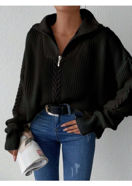 Selanik Örgülü Fermuarlı Tunik Triko Kazak