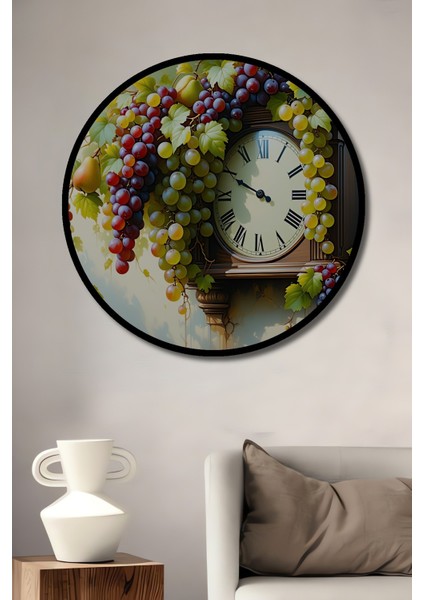Çerçeve Görünümlü Üzüm ve Armutlu Antika Saat Yağlı Boya Görünümlü Ahşap Ofis Yuvarlak Tablo