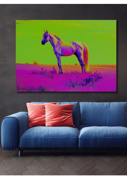 Neon Renkli At Rüyası Yağlı Boya Görünümlü Dekoratif Ahşap Ev/işyeri/ofis Kare Tablo