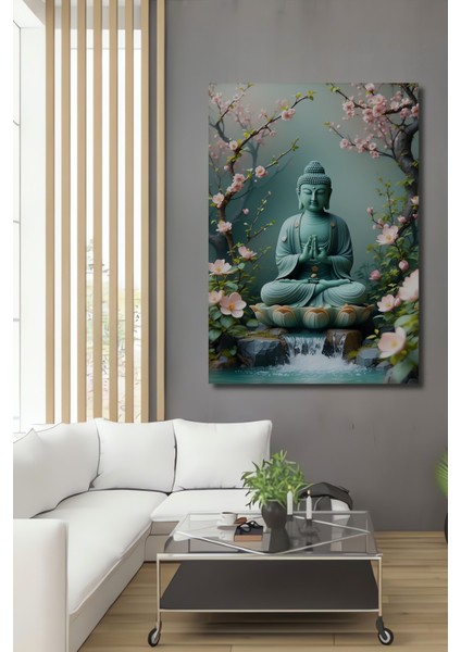 Sakura Çiçekleri Arasında Buda Huzuru Yağlı Boya Görünümlü Dekoratif Ahşap Ev/işyeri/ofis Tablo