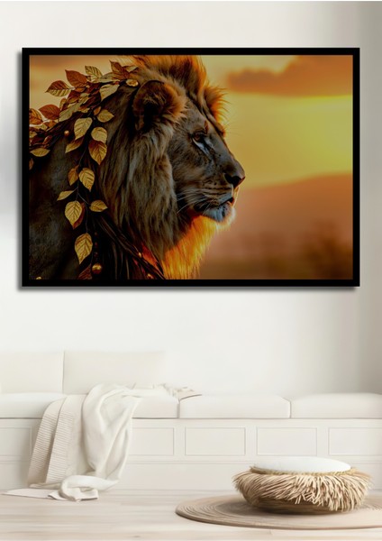 Çerçeve Görünümlü Altın Yapraklı Aslan Yağlı Boya Görünümlü Dekoratif Ahşap Işyeri/ofis Kare Tablo