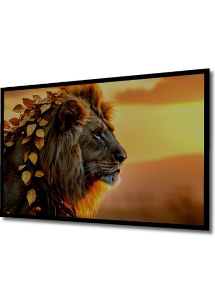 Çerçeve Görünümlü Altın Yapraklı Aslan Yağlı Boya Görünümlü Dekoratif Ahşap Işyeri/ofis Kare Tablo fiyatları