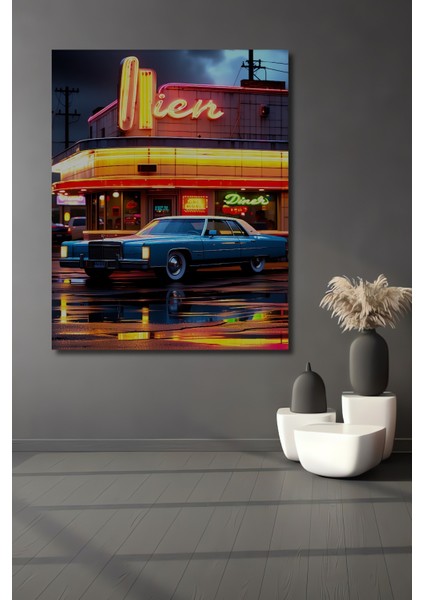 Retro Diner Önünde Klasik Araba Yağlı Boya Görünümlü Dekoratif Ahşap Ev/işyeri/ofis Kare Tablo