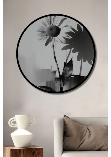 Çerçeve Görünümlü Siyah Beyaz Papatya Gölgesi Modern Sanat Dekoratif Ahşap Ofis Yuvarlak Tablo