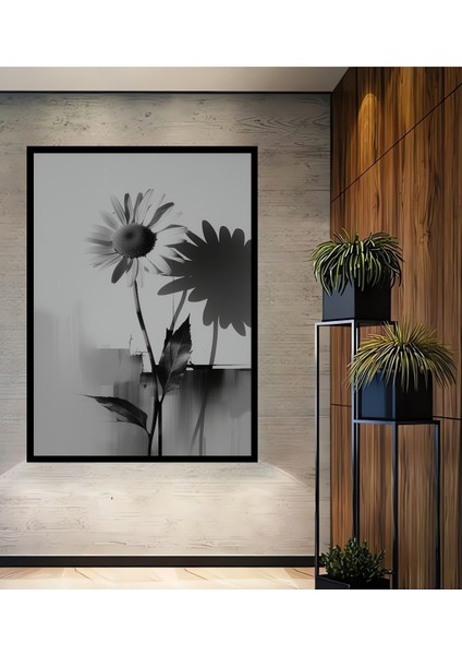 Çerçeve Görünümlü Siyah Beyaz Papatya Gölgesi Modern Sanat Dekoratif Ahşap Işyeri/ofis Kare Tablo
