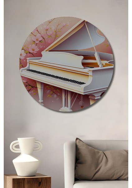 Romantik Piyano Sakura Çiçekleri Yağlı Boya Görünümlü Dekoratif Ahşap Ev/işyeri/ofis Yuvarlak Tablo