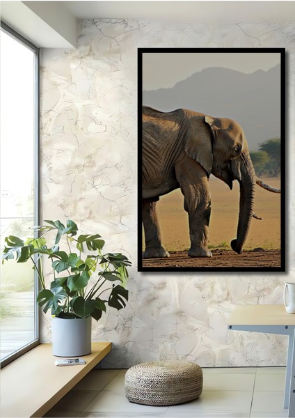 Çerçeve Görünümlü Sulu Boya Görünümlü Savan Fil Heybeti Işyeri/ofis/salon Ahşap Dekoratif Kare Tablo