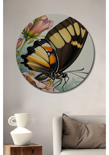 Pembe Zambaklı Kelebek Sulu Boya Görünümlü Dekoratif Ahşap Ev/işyeri/ofis Yuvarlak Tablo