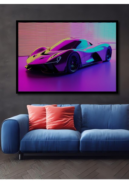 Çerçeve Görünümlü Neon Işıltılı Süper Araba Dijital Sanat Ofis/salon Ahşap Dekoratif Kare Tablo