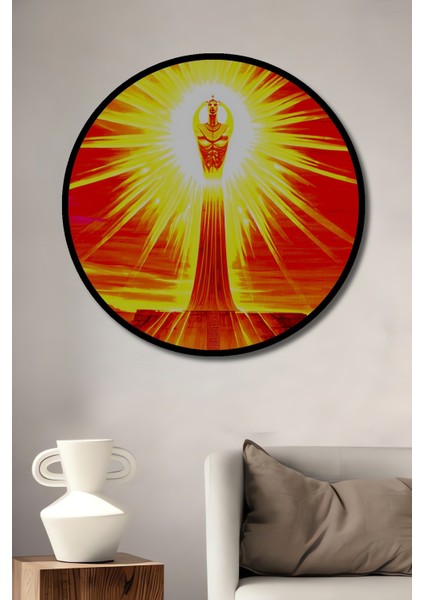 Çerçeve Görünümlü Tutankamon Güneş Tapınağı Yağlı Boya Görünümlü Ahşap Ofis Yuvarlak Tablo