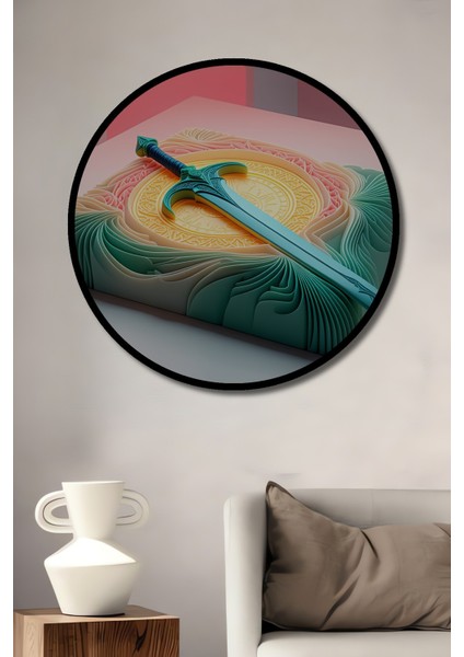 Çerçeve Görünümlü Turkuaz Kılıç Pastel Boya Görünümlü Dekoratif Ahşap Ev/işyeri/ofis Yuvarlak Tablo