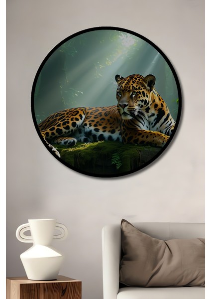 Çerçeve Görünümlü Ormanda Yağlı Boya Görünümlü Jaguar Ev/işyeri/ofis Dekoratif Ahşap Yuvarlak Tablo
