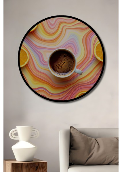 Çerçeve Görünümlü Turunçgiller ve Kahve Rüyası Yağlı Boya Görünümlü Ahşap Ofis Yuvarlak Tablo