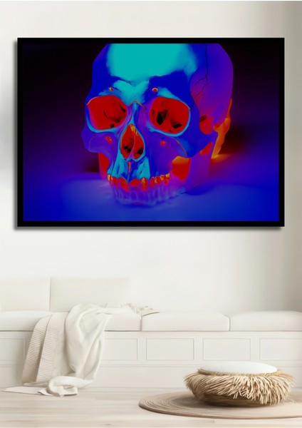 Çerçeve Görünümlü Neon Işıklar Altında Kafatası Yağlı Boya Görünümlü Ahşap Ofis Kare Tablo