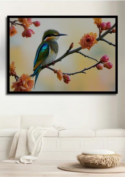 Çerçeve Görünümlü Gökkuşağı Renkli Arı Kuşu ve Çiçekler Yağlı Boya Görünümlü Ahşap Ofis Tablo