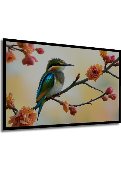 Çerçeve Görünümlü Gökkuşağı Renkli Arı Kuşu ve Çiçekler Yağlı Boya Görünümlü Ahşap Ofis Tablo modelleri