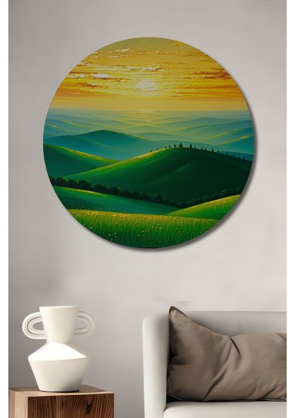 Altın Şafak Yağlı Boya Görünümlü Yeşil Tepe Manzarası Ev/işyeri/ofis/salon Ahşap Dekoratif Tablo