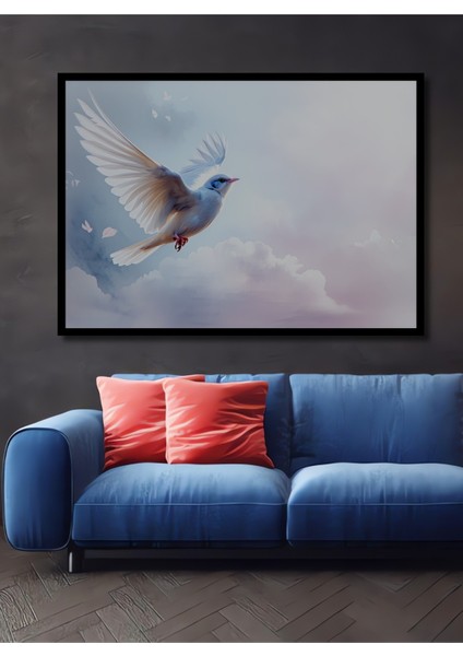 Çerçeve Görünümlü Beyaz Güvercin Bulutların Dansı Yağlı Boya Görünümlü Ahşap Ofis Kare Tablo