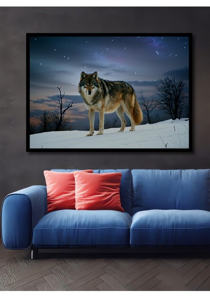 Çerçeve Görünümlü Kar Manzarası Kurt Yağlı Boya Görünümlü Dekoratif Ahşap Ev/işyeri/ofis Kare Tablo