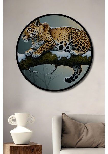 Çerçeve Görünümlü Kar Leoparı Karda Yağlı Boya Görünümlü Işyeri/ofis Dekoratif Ahşap Yuvarlak Tablo