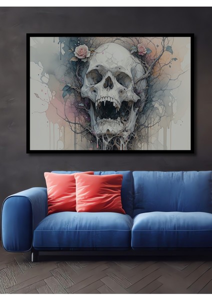 Çerçeve Görünümlü Sulu Boya Görünümlü Çiçekli Kafatası Dekoratif Ahşap Ev/işyeri/ofis Kare Tablo