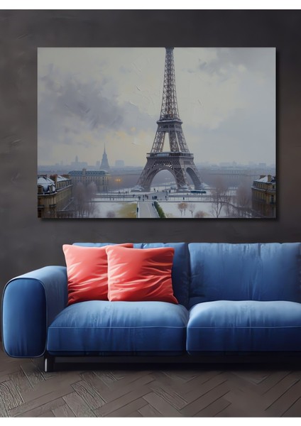 Karlı Paris Eyfel Kulesi Yağlı Boya Görünümlü Dekoratif Ahşap Ev/işyeri/ofis Kare Tablo