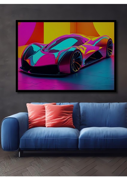 Çerçeve Görünümlü Fütüristik Neon Araba Modern Sanat Yağlı Boya Görünümlü Ahşap Ofis Kare Tablo