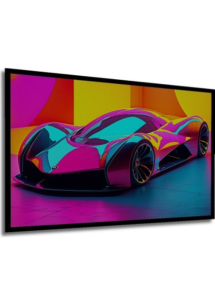 Çerçeve Görünümlü Fütüristik Neon Araba Modern Sanat Yağlı Boya Görünümlü Ahşap Ofis Kare Tablo modelleri
