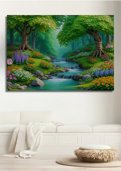 Sulu Boya Görünümlü Şelale Orman Ev/işyeri/ofis Dekoratif Ahşap Kare Tablosu
