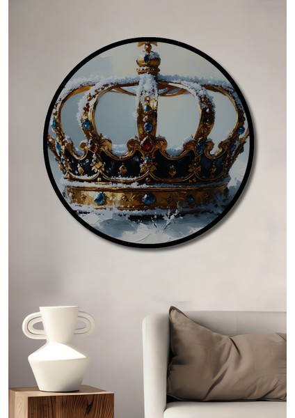 Çerçeve Görünümlü Kar Kraliçesi Tacı Yağlı Boya Görünümlü Dekoratif Ahşap Ofis Yuvarlak Tablo