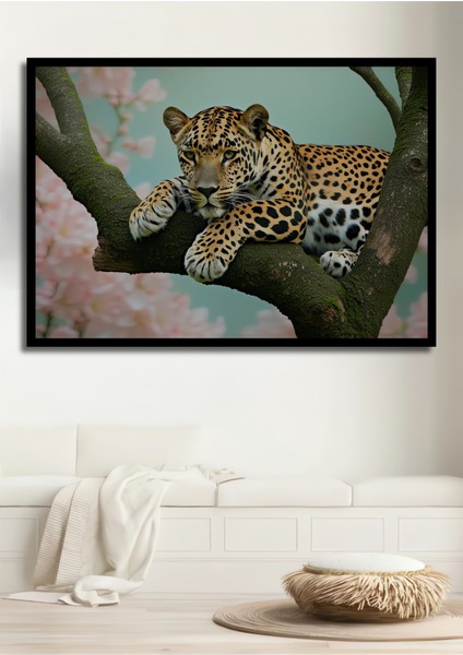Çerçeve Görünümlü Dal Üzerinde Leopar Yağlı Boya Görünümlü Dekoratif Ahşap Işyeri/ofis Kare Tablo