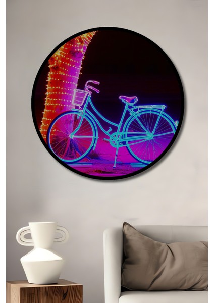 Çerçeve Görünümlü Neon Işıklı Nostaljik Bisiklet Ağaç Rüyası Dekoratif Ahşap Ofis Yuvarlak Tablo