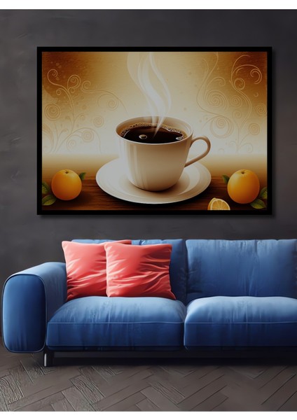 Çerçeve Görünümlü Buharlı Kahve ve Turuncu Yağlı Boya Görünümlü Dekoratif Ahşap Ofis Kare Tablo