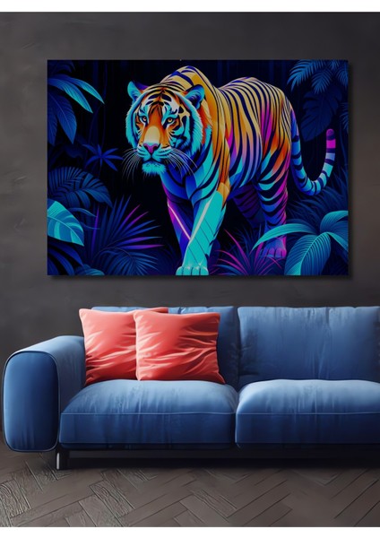 Neon Kaplan Ormanı Yağlı Boya Görünümlü Dekoratif Ahşap Ev/işyeri/ofis Kare Tablo