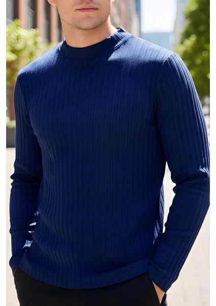 Monz Fitilli Slim Fit Likralı Yüksek Yaka Erkek Uzun Kol Tshirt