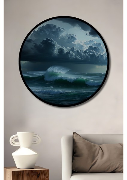 Çerçeve Görünümlü Fırtına Öncesi Deniz Manzarası Yağlı Boya Görünümlü Ahşap Ofis Yuvarlak Tablo