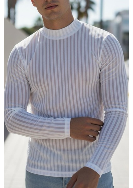 Monz Fitilli Slim Fit Likralı Yüksek Yaka Erkek Uzun Kol Tshirt
