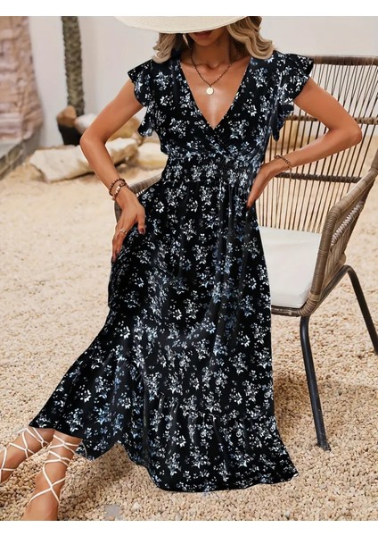 Kadın Kısa Kollu Kruvaze Yakalı Beli Lastikli Çiçek Desenli Elbise