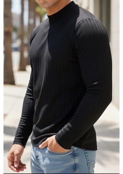 Monz Fitilli Slim Fit Likralı Yüksek Yaka Erkek Uzun Kol Tshirt