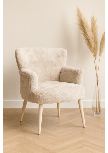 Roma Modern Berjer Tekli Koltuk - Welsoft Yumuşak Kumaş - Ahşap Ayak - Vizon