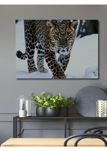 Kar Leoparı Kış Manzarası Yağlı Boya Görünümlü Dekoratif Ahşap Ev/işyeri/ofis Kare Tablo