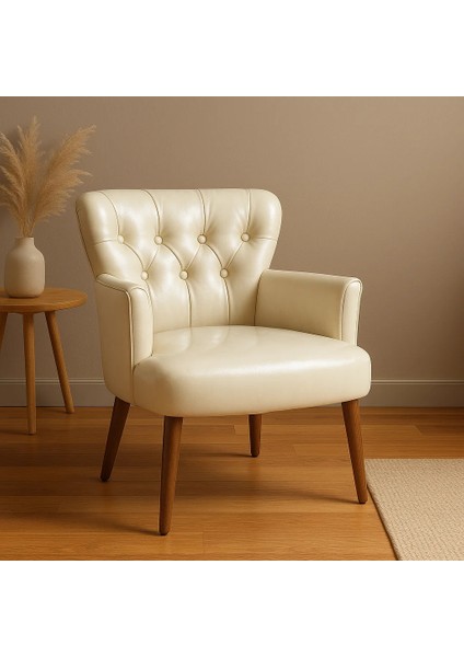 Roma Modern Berjer Tekli Koltuk - Deri Kumaş - Ahşap Ayak - Krem