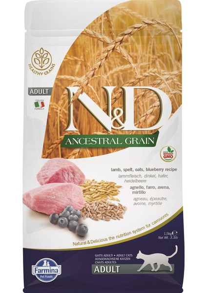 Nd Ancestral Grain Düşük Tahıllı Kuzu Eti ve Yaban Mersinli Yetişkin Kedi Maması 1,5kg