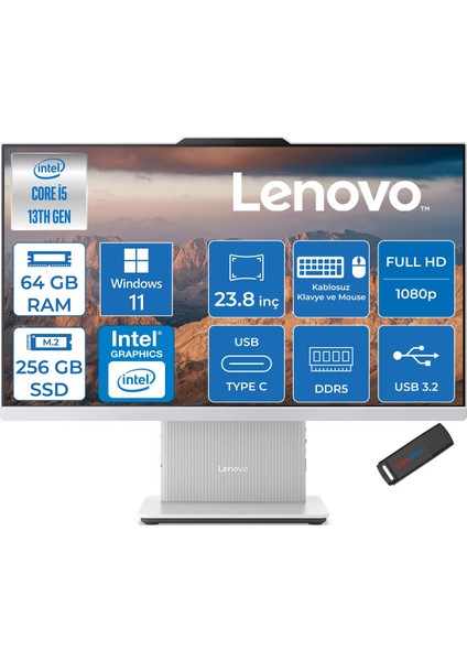 Ideacentre Aıo 24IRH9 Intel Core I5 13420H 64GB Ddr5 256GB SSD Windows 11 Home UHD Graphics 23.8" Fullhd (1920X1080) IPS 100Hz 99% Srgb All In One Bilgisayar F0HN0053TRH26 + Zetta Flash Bellek