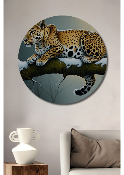 Kar Leoparı Karda Yağlı Boya Görünümlü Ev/işyeri/ofis Dekoratif Ahşap Yuvarlak Tablo