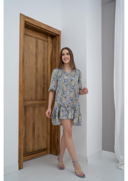 Yeşil Desenli Saten Elbise