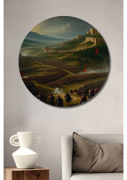 Epik Savaş Alanı Yağlı Boya Görünümlü Dekoratif Ahşap Ev/işyeri/ofis Yuvarlak Tablo