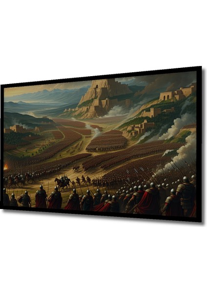 Çerçeve Görünümlü Destansı Savaş Alanı Yağlı Boya Görünümlü Dekoratif Ahşap Işyeri/ofis Kare Tablo fiyatları