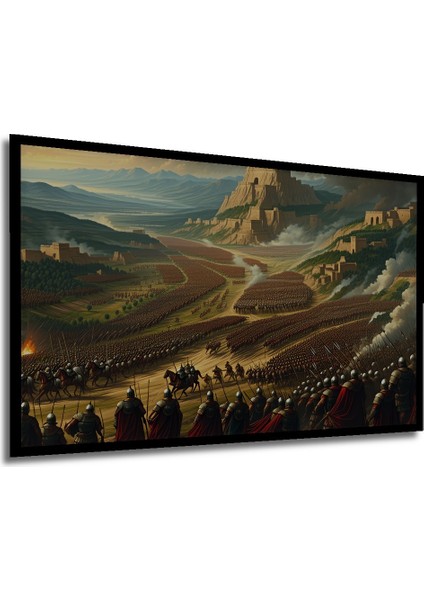 Çerçeve Görünümlü Destansı Savaş Alanı Yağlı Boya Görünümlü Dekoratif Ahşap Işyeri/ofis Kare Tablo modelleri